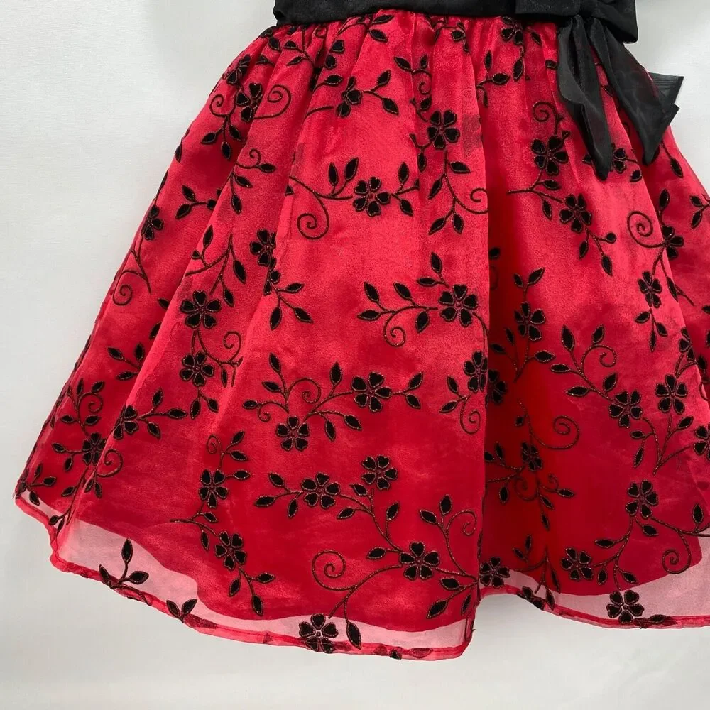Rare Editions Girls Dress 3T Red Flocked Skirt Black Velvet Top Crinoline Bow